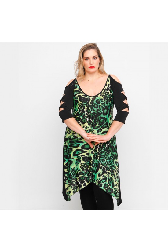 A23-6082 Μπλουζοφόρεμα με κοψίματα - Πράσινο