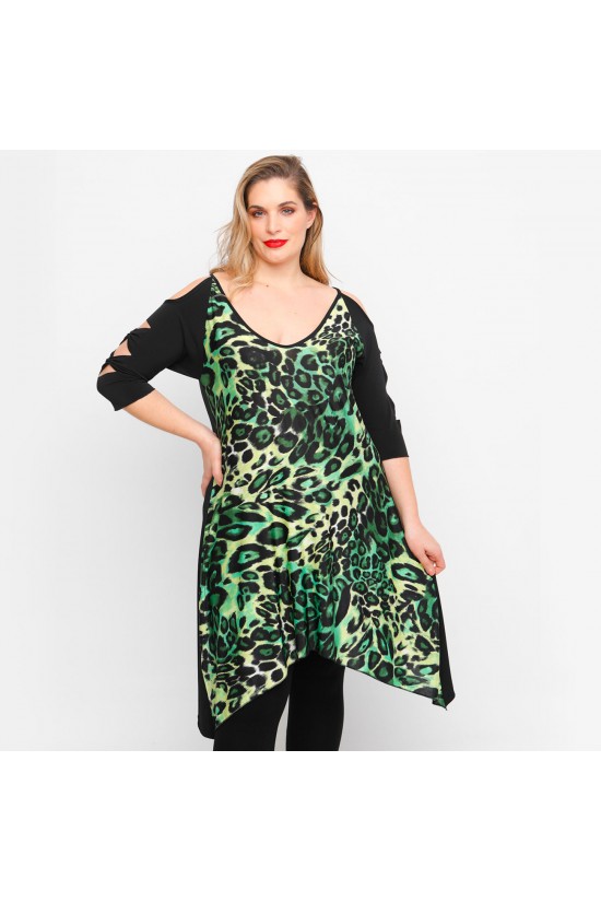 A23-6082 Μπλουζοφόρεμα με κοψίματα - Πράσινο