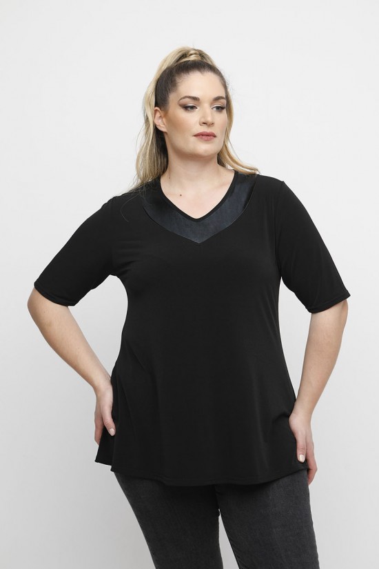 A24-1814D Μπλούζα με Δερματίνη  - Μαύρο