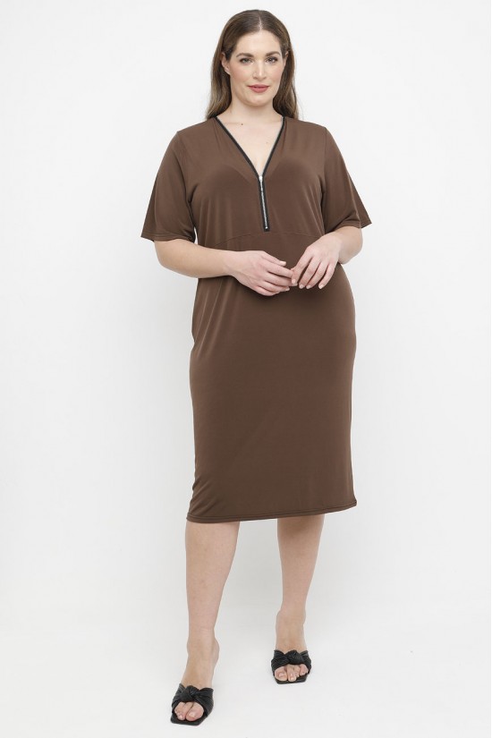 A25-100F Φόρεμα με Φερμουάρ - Καφέ A25-100F Φόρεμα με Φερμουάρ - Καφέ