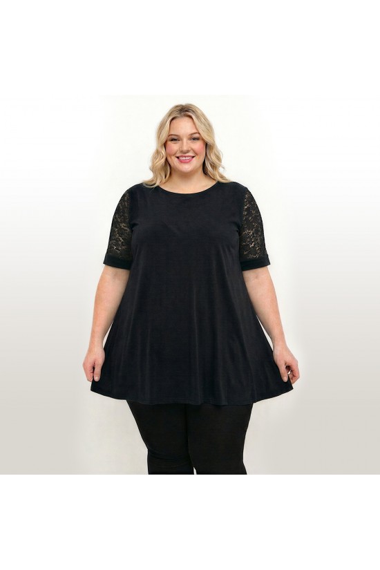 A26-108LF Μπλούζα εβαζέ κομποζέ με δαντέλα - Μαύρο