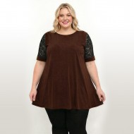 A26-108LF Μπλούζα εβαζέ κομποζέ με δαντέλα - Καφέ