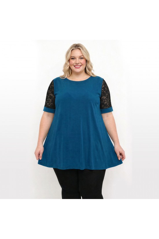 A26-108LF Μπλούζα εβαζέ κομποζέ με δαντέλα - Πετρόλ