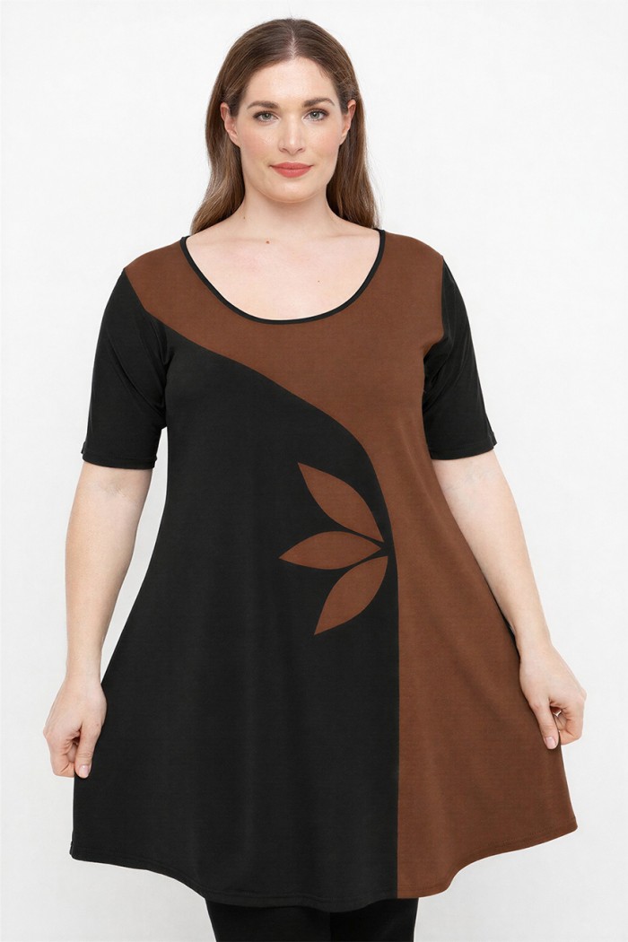 A26-176KF Μπλουζοφόρεμα σχέδιο φύλλα - Καφέ