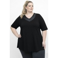 A26-1814 Μπλούζα με Δερματίνη - Μαύρο