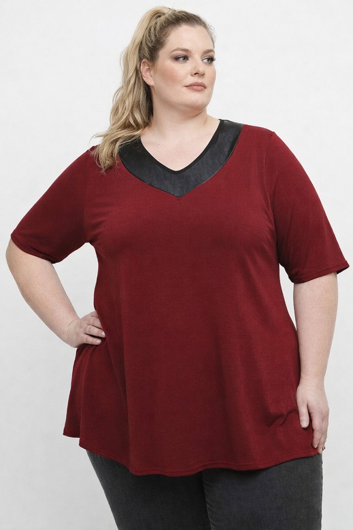 A26-1814 Μπλούζα με Δερματίνη - Μπορντώ