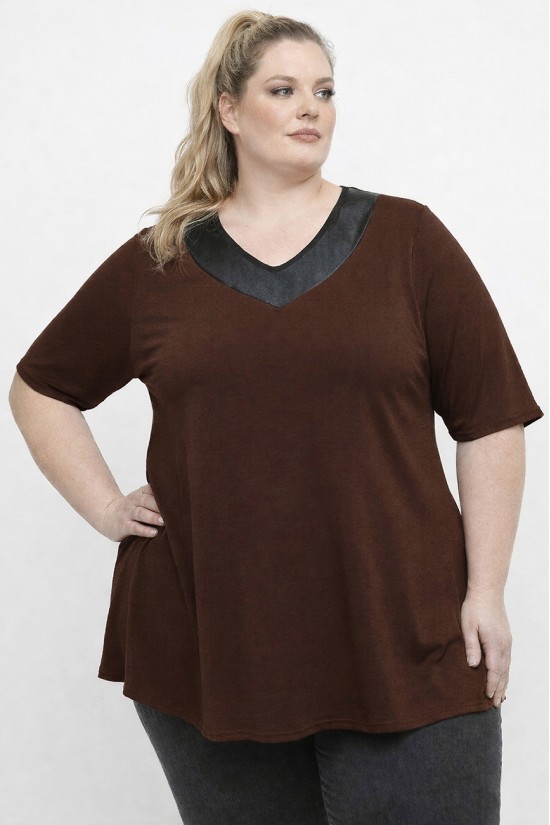 A26-1814 Μπλούζα με Δερματίνη - Καφέ