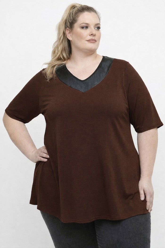 A26-1814 Μπλούζα με Δερματίνη - Καφέ