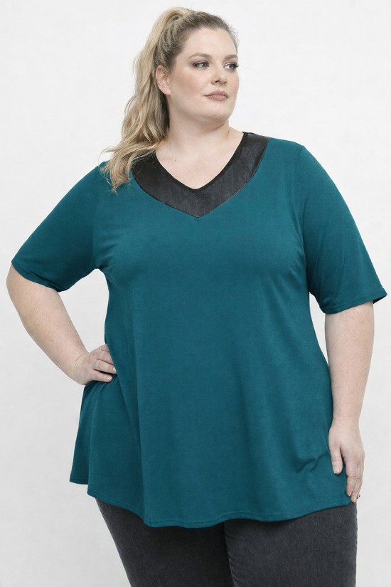 A26-1814 Μπλούζα με Δερματίνη - Πετρόλ