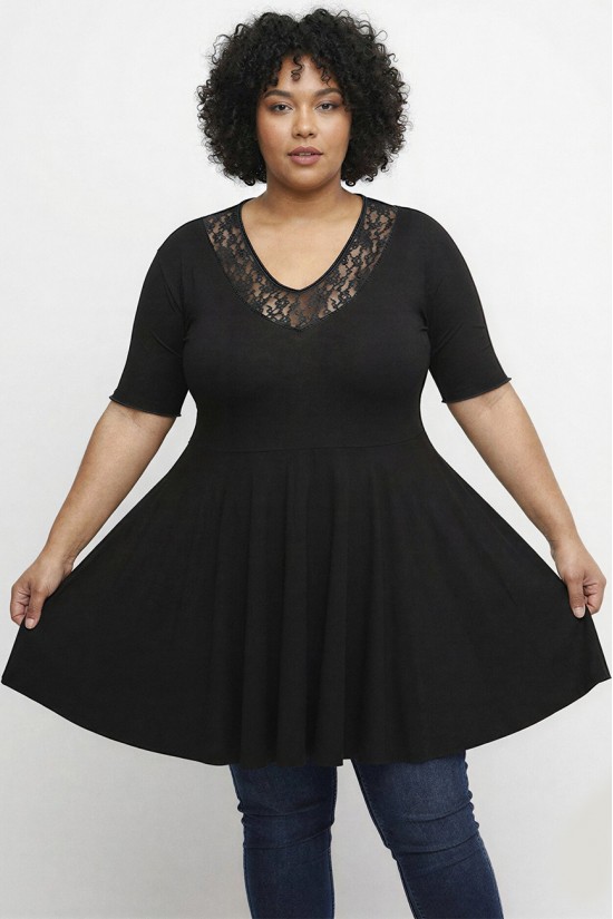A26-186D Μπλούζα άλφα με δαντέλα - Μαύρο
