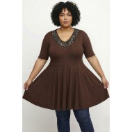 A26-186D Μπλούζα άλφα με δαντέλα - Καφέ