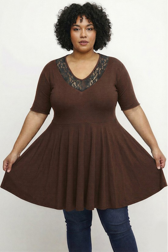 A26-186D Μπλούζα άλφα με δαντέλα - Καφέ