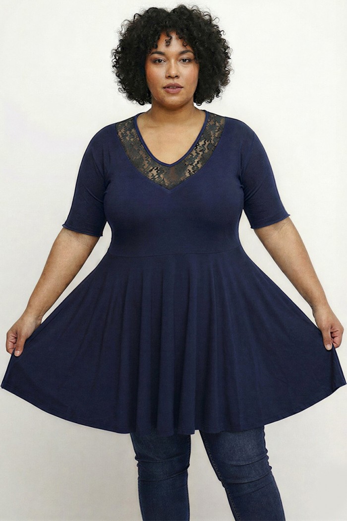 A26-186D Μπλούζα άλφα με δαντέλα - Μπλε μαρέν