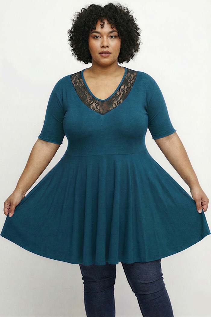 A26-186D Μπλούζα άλφα με δαντέλα - Πετρόλ