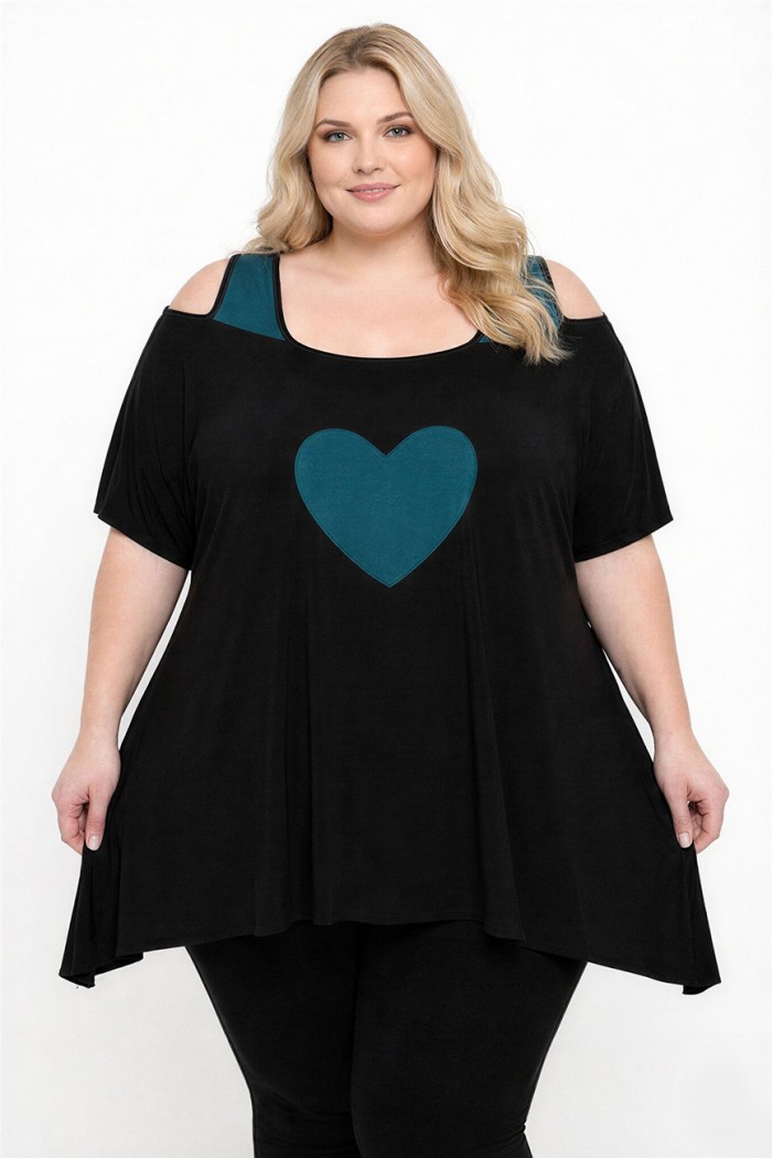 A26-187 Μπλούζα άλφα με σχέδιο καρδιά - Πετρόλ