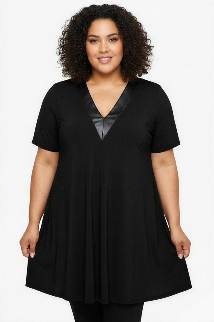 A26-1876V Μπλουζοφόρεμα με Δερματίνη - Μαύρο