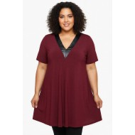 A26-1876V Μπλουζοφόρεμα με Δερματίνη - Μπορντώ