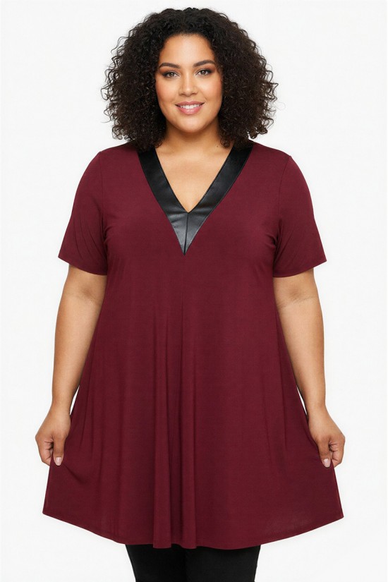 A26-1876V Μπλουζοφόρεμα με Δερματίνη - Μπορντώ