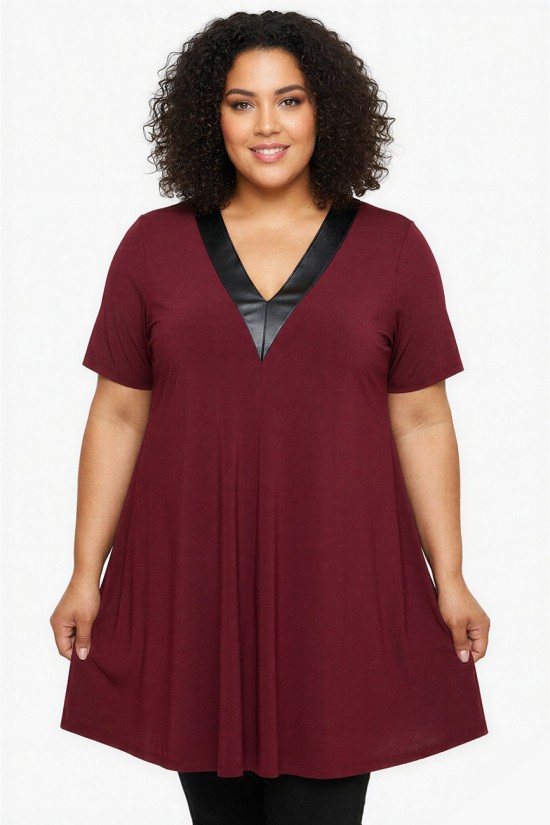 A26-1876V Μπλουζοφόρεμα με Δερματίνη - Μπορντώ