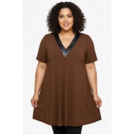 A26-1876V Μπλουζοφόρεμα με Δερματίνη - Καφέ