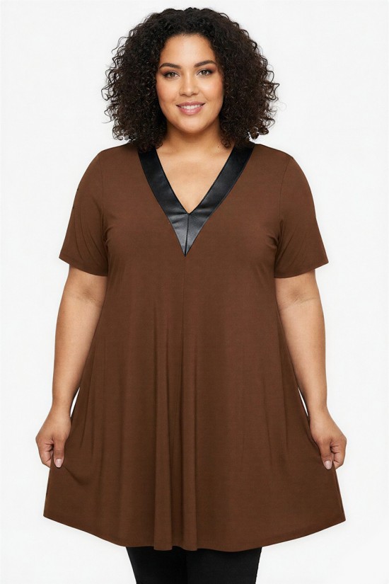 A26-1876V Μπλουζοφόρεμα με Δερματίνη - Καφέ