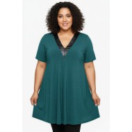 A26-1876V Μπλουζοφόρεμα με Δερματίνη - Πετρόλ