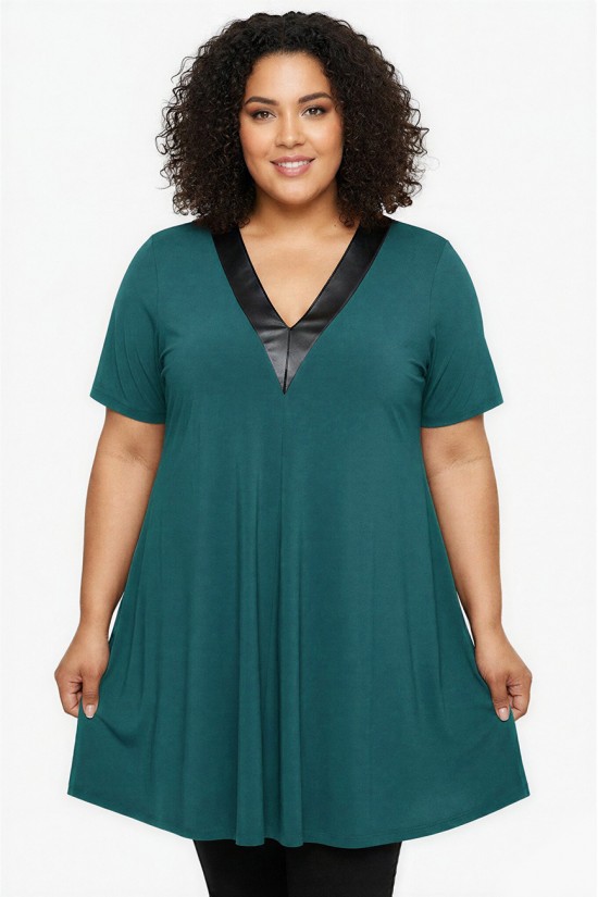 A26-1876V Μπλουζοφόρεμα με Δερματίνη - Πετρόλ