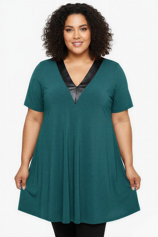 A26-1876V Μπλουζοφόρεμα με Δερματίνη - Πετρόλ