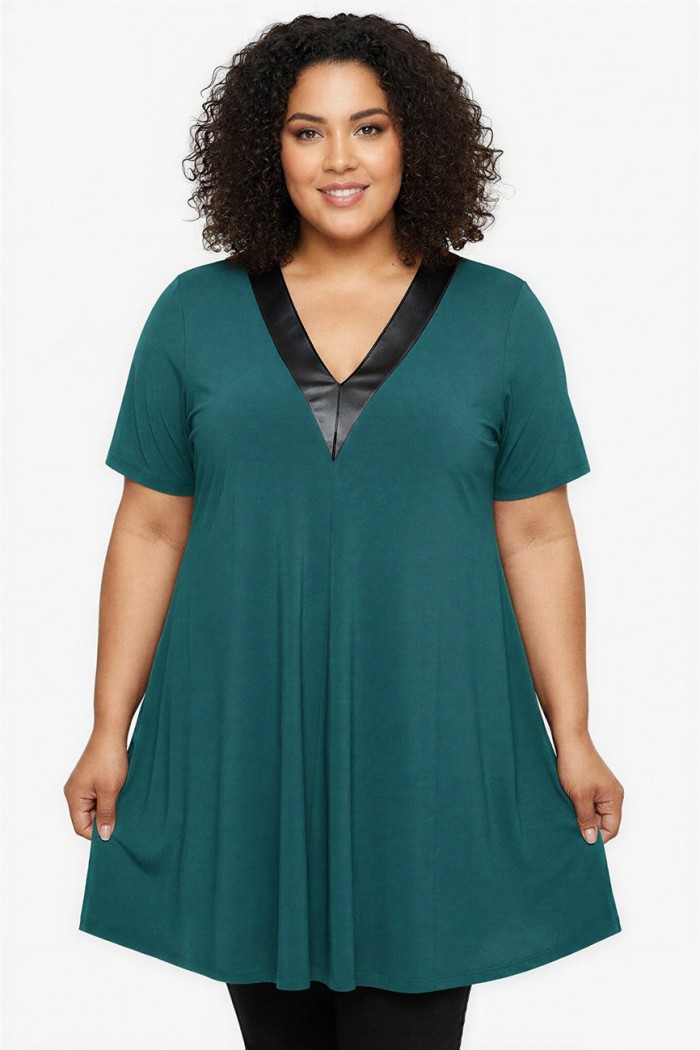 A26-1876V Μπλουζοφόρεμα με Δερματίνη - Πετρόλ