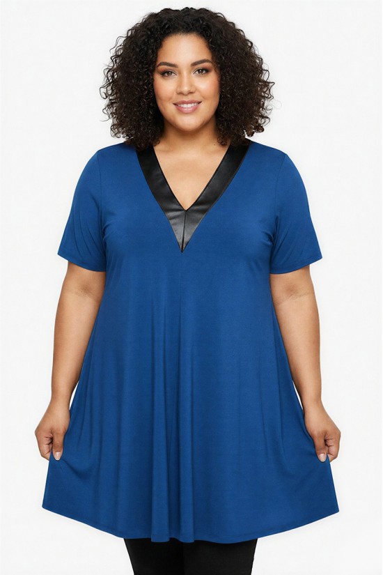 A26-1876V Μπλουζοφόρεμα με Δερματίνη - Μπλε ρουά