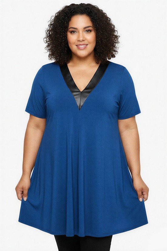 A26-1876V Μπλουζοφόρεμα με Δερματίνη - Μπλε ρουά