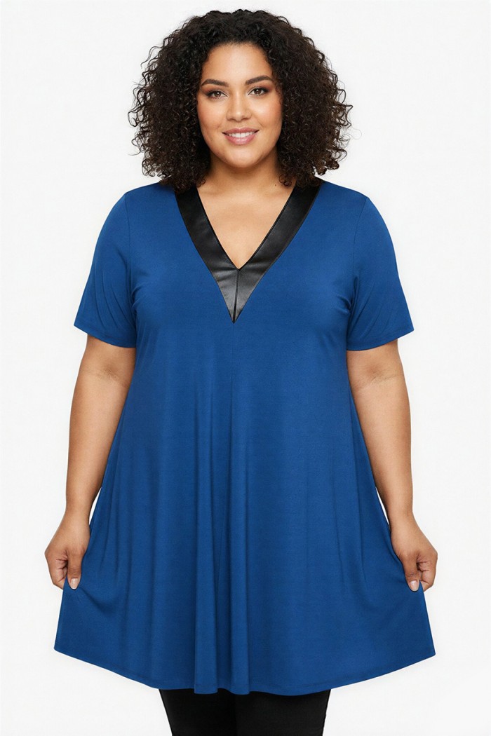 A26-1876V Μπλουζοφόρεμα με Δερματίνη - Μπλε ρουά