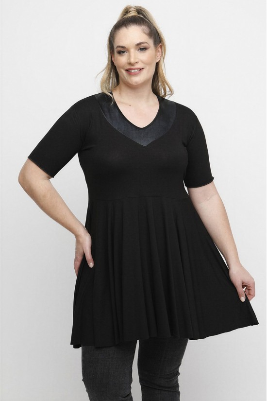 A26-1886 Μπλούζα με Δερματίνη - Μαύρο