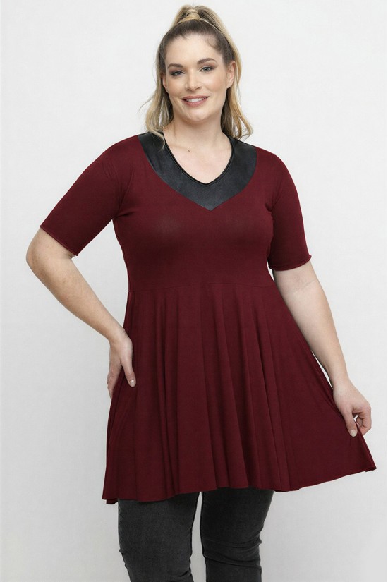 A26-1886 Μπλούζα με Δερματίνη - Μπορντώ