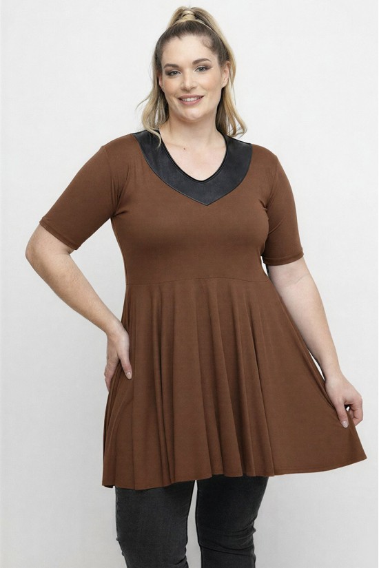 A26-1886 Μπλούζα με Δερματίνη - Καφέ