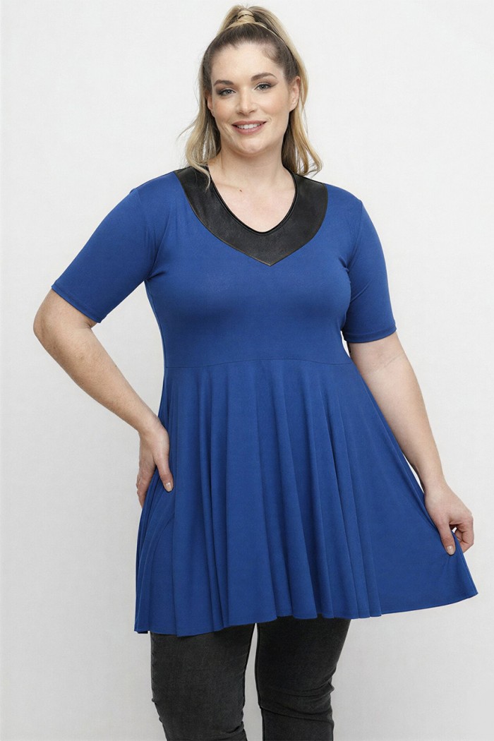 A26-1886 Μπλούζα με Δερματίνη - Μπλε Ρουά