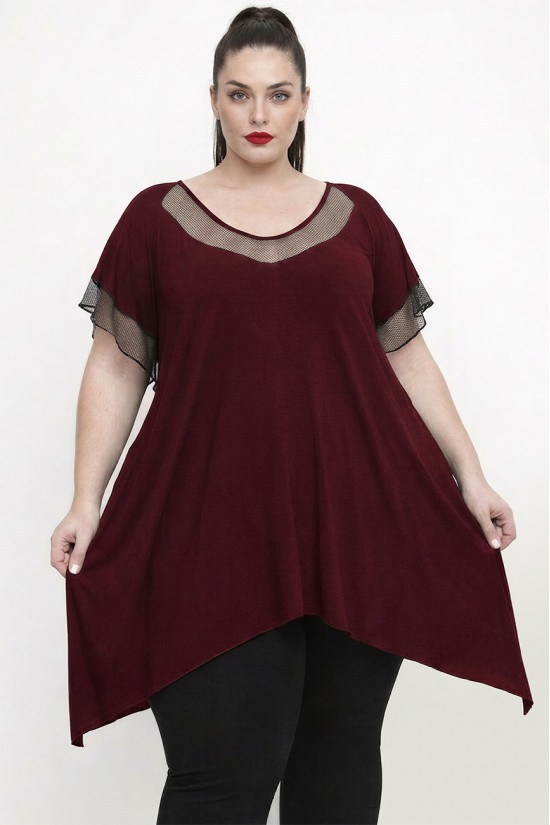 A26-5582KN Μπλουζοφόρεμα με Δίχτυ - Μπορντώ