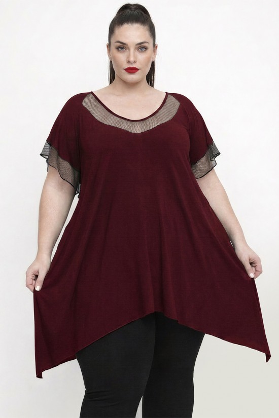 A26-5582KN Μπλουζοφόρεμα με Δίχτυ - Μπορντώ