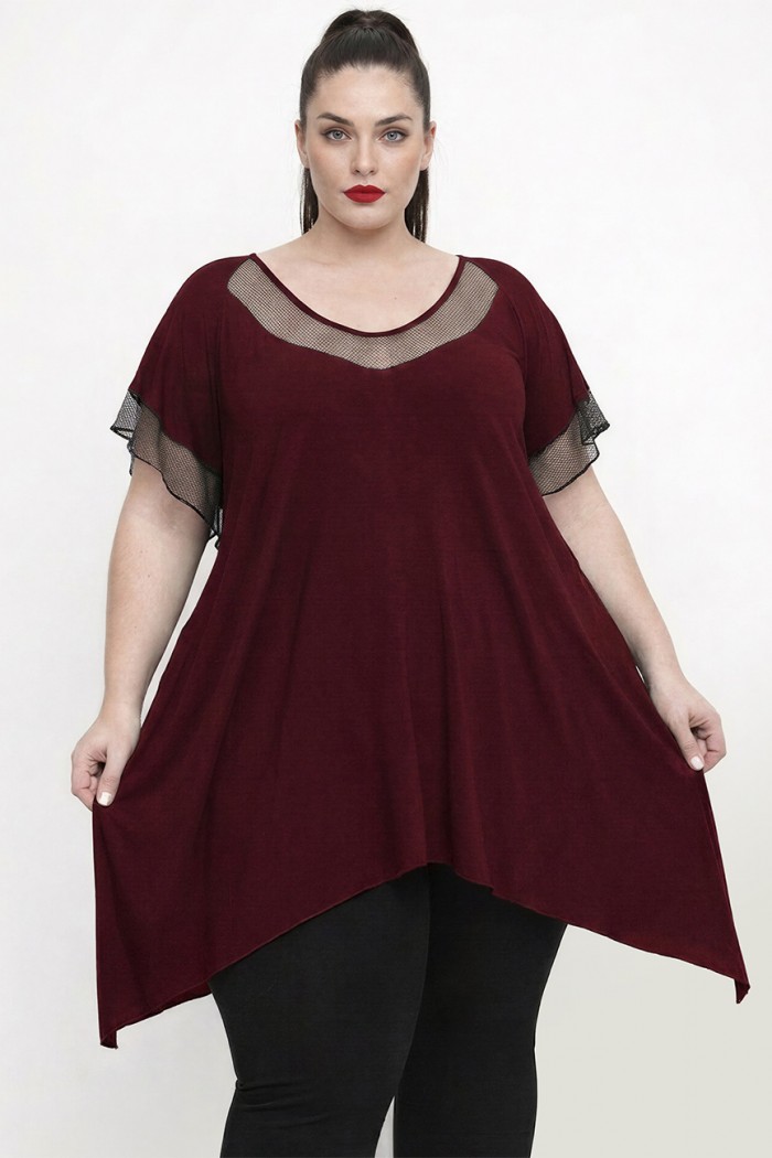 A26-5582KN Μπλουζοφόρεμα με Δίχτυ - Μπορντώ