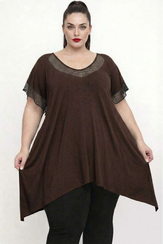 A26-5582KN Μπλουζοφόρεμα με Δίχτυ - Καφέ