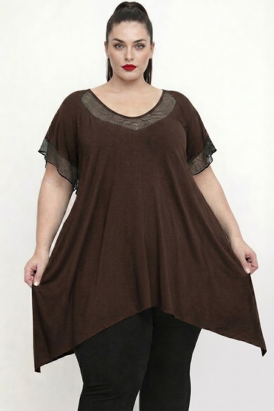 A26-5582KN Μπλουζοφόρεμα με Δίχτυ - Καφέ