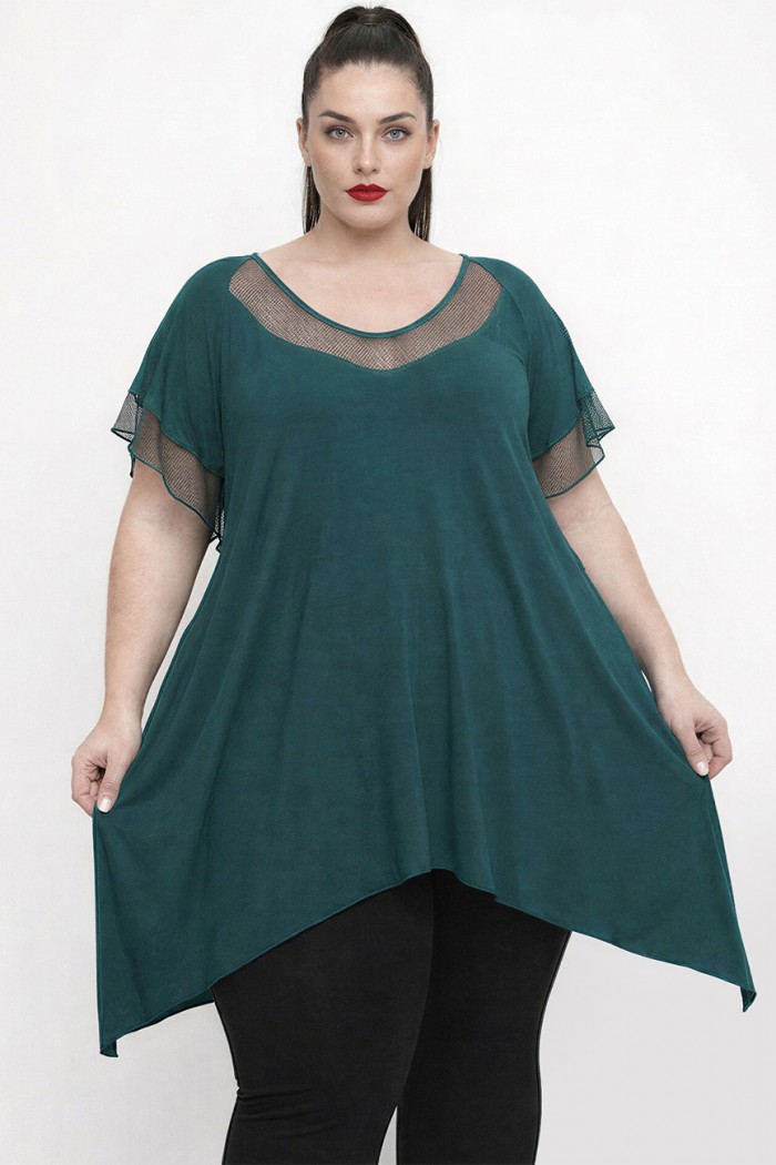 A26-5582KN Μπλουζοφόρεμα με Δίχτυ - Πετρόλ