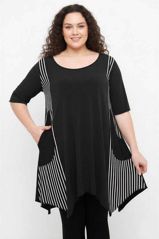 A26-563 Μπλουζοφόρεμα με ριγέ - Μαύρο