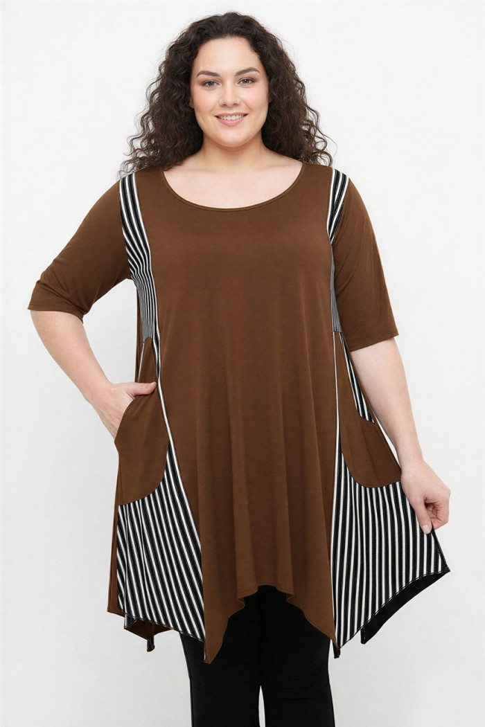 A26-563 Μπλουζοφόρεμα με ριγέ - Καφέ