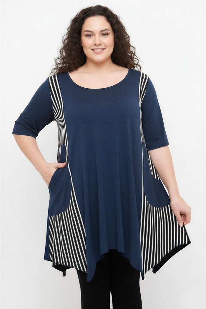 A26-563 Μπλουζοφόρεμα με ριγέ - Μπλε Μαρέν