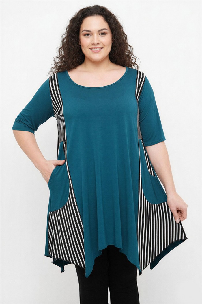 A26-563 Μπλουζοφόρεμα με ριγέ - Πετρόλ