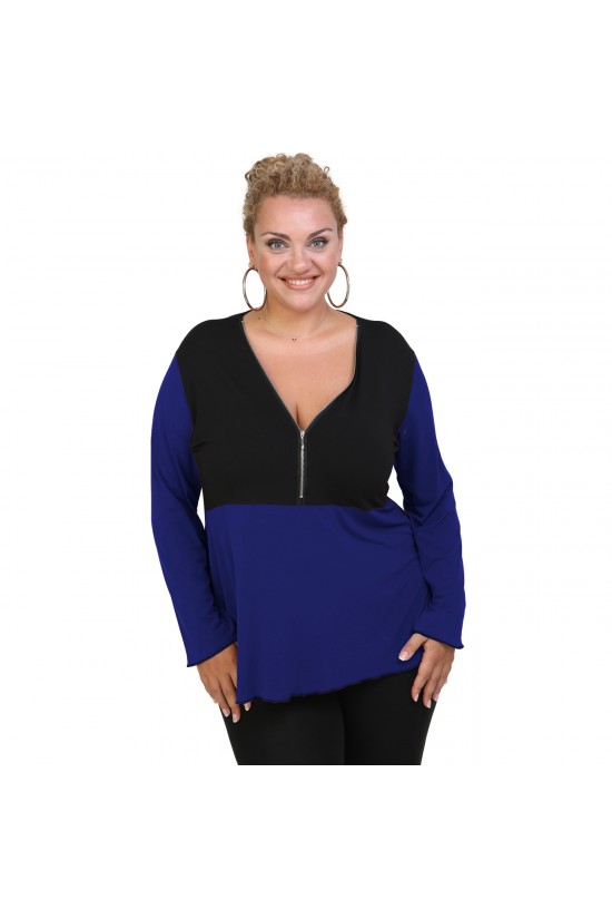 B20-190D Μπλούζα ίσια δίχρωμη με φερμουάρ jersey - Μπλε-ρουά