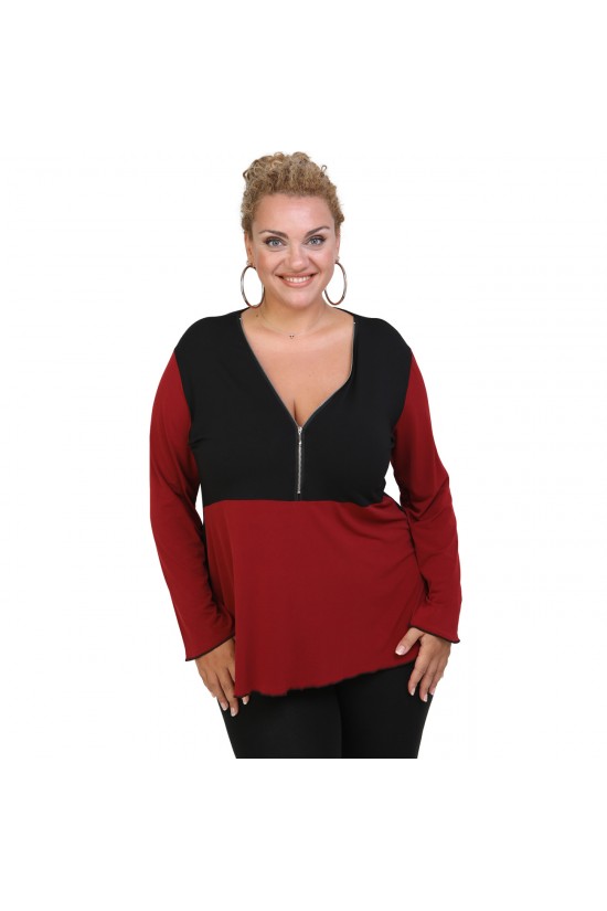 B20-190D Μπλούζα ίσια δίχρωμη με φερμουάρ jersey - Μπορντώ B20-190D Μπλούζα ίσια δίχρωμη με φερμουάρ jersey - Μπορντώ