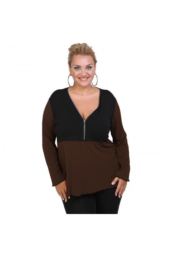 B20-190D Μπλούζα ίσια δίχρωμη με φερμουάρ jersey - Καφέ B20-190D Μπλούζα ίσια δίχρωμη με φερμουάρ jersey - Καφέ