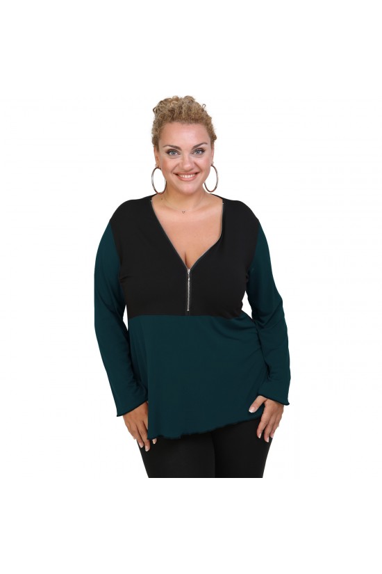 B20-190D Μπλούζα ίσια δίχρωμη με φερμουάρ jersey - Πετρόλ B20-190D Μπλούζα ίσια δίχρωμη με φερμουάρ jersey - Πετρόλ